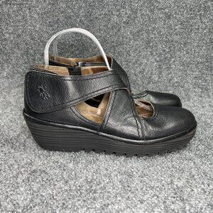 Fly London Yogo Wedge Shoes Women's Size 6 Black Leather Adjustable Strap Sandal